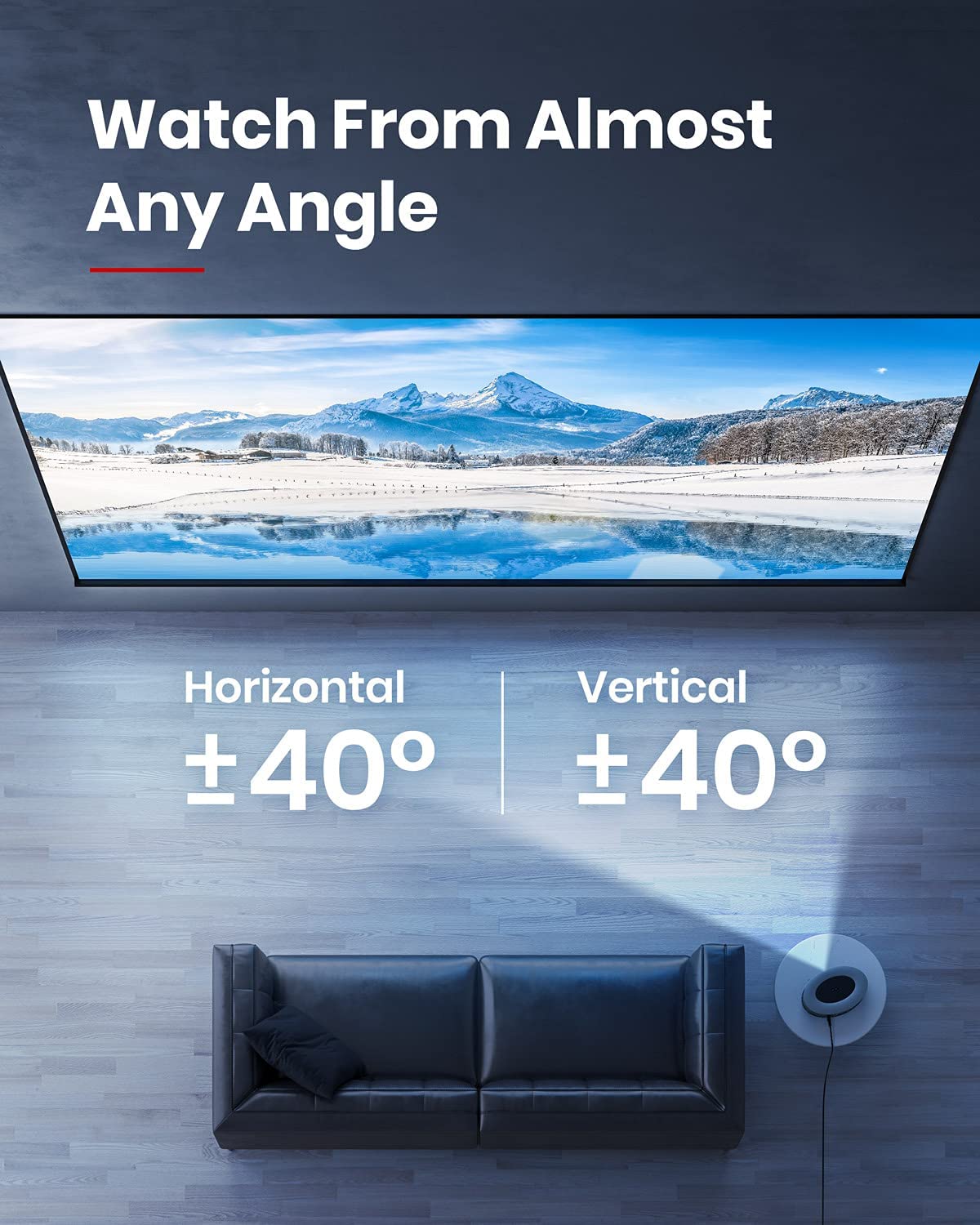 A Nebula Cosmos projector sits off-center next to a couch on top of a table projecting an arctic landscape onto a screen.