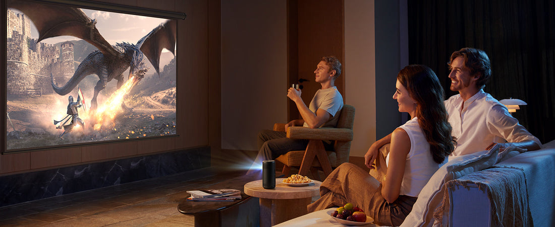 watching portable projector at home
