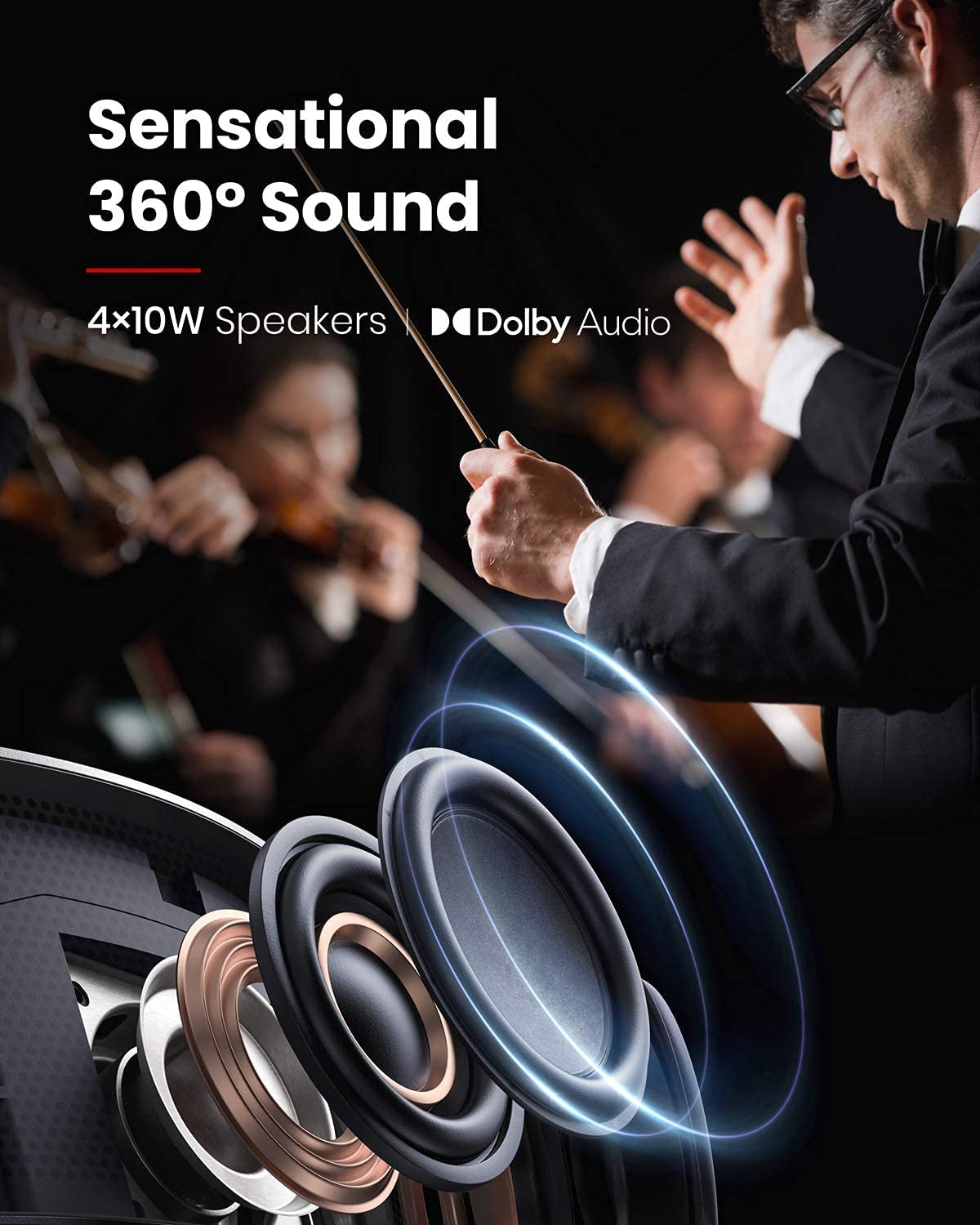 Hear sensational 360° sound on Nebula Cosmos Max&#39;s 4×10W speakers with Dolby Audio.