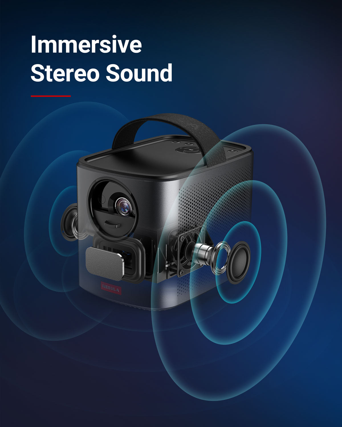 A Nebula Mars 2 Pro portable projector sits in a blue room while producing circular waves from its speakers.
