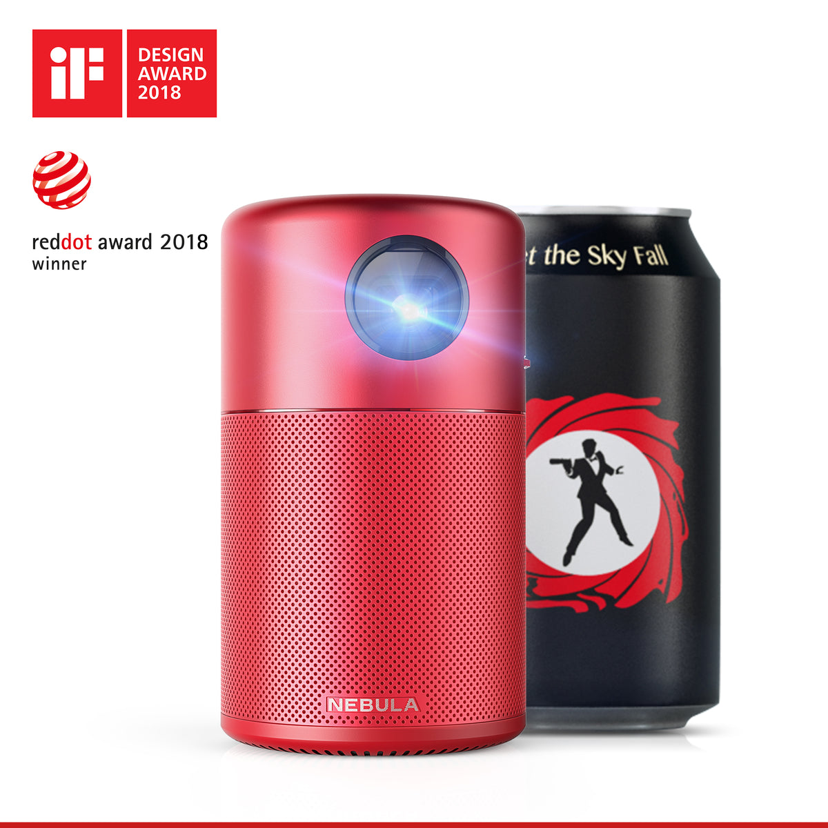 A red Capsule portable projector is next to a soda can with a James Bond logo, while a graphic states its winning design.