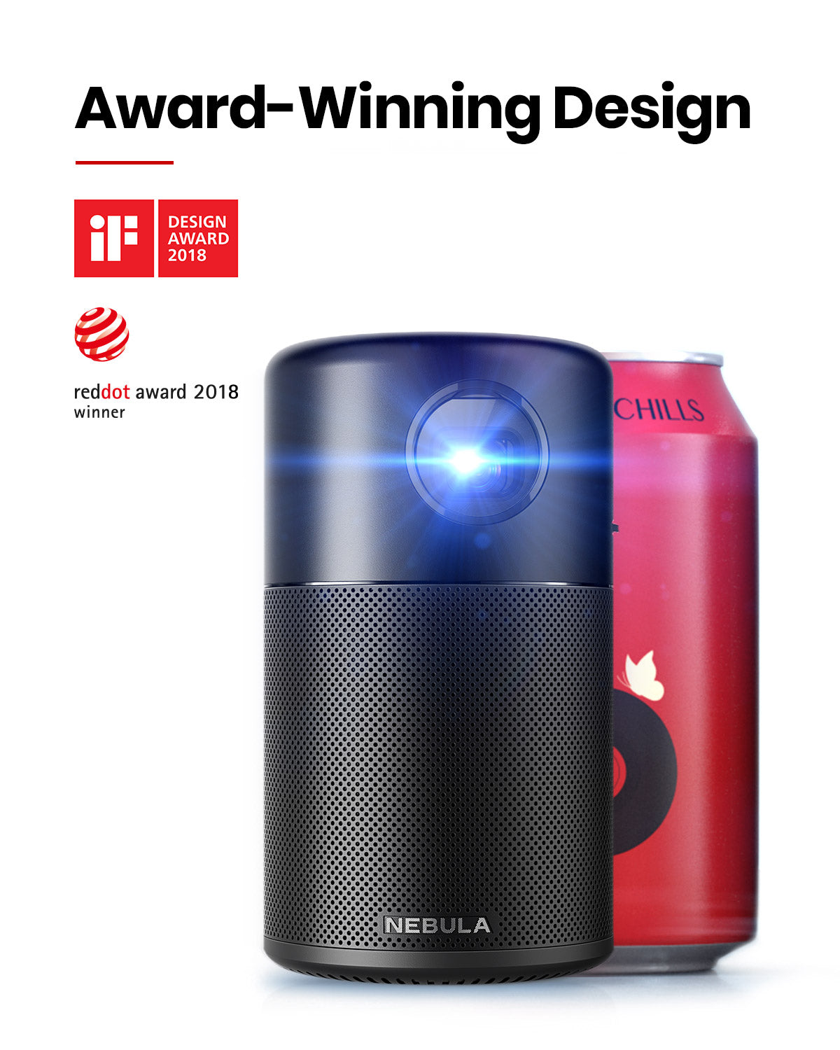 A Capsule portable projector sits in a white room next to a can of soda, while a graphic above shows a Reddot award logo.