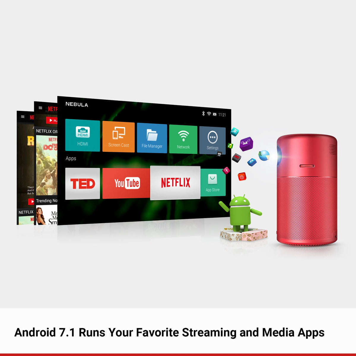 A red Nebula Capsule portable projector displays several apps onto a screen, while the Android logo points.