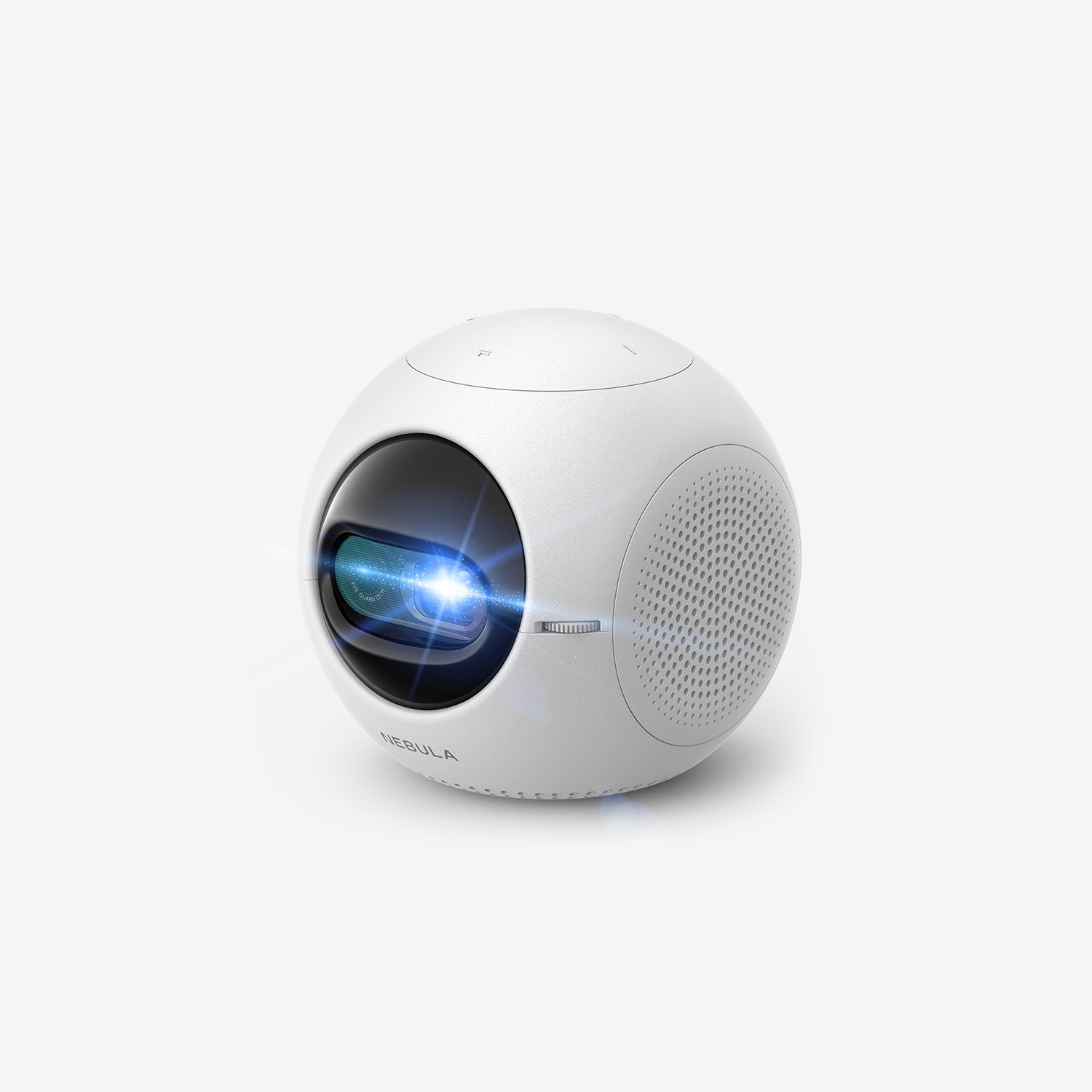 A Nebula Astro portable projector sits in a white room while projecting a blue light off the screen.