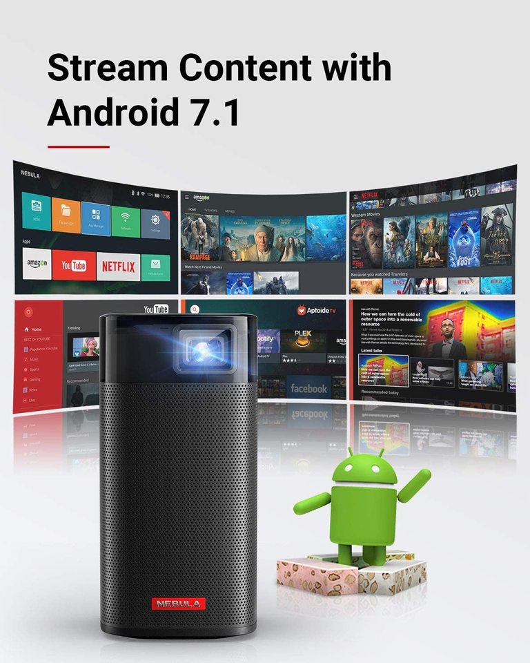 A Nebula Apollo portable projector sits next to the Android mascot while Android 7.1 content is displayed behind them.